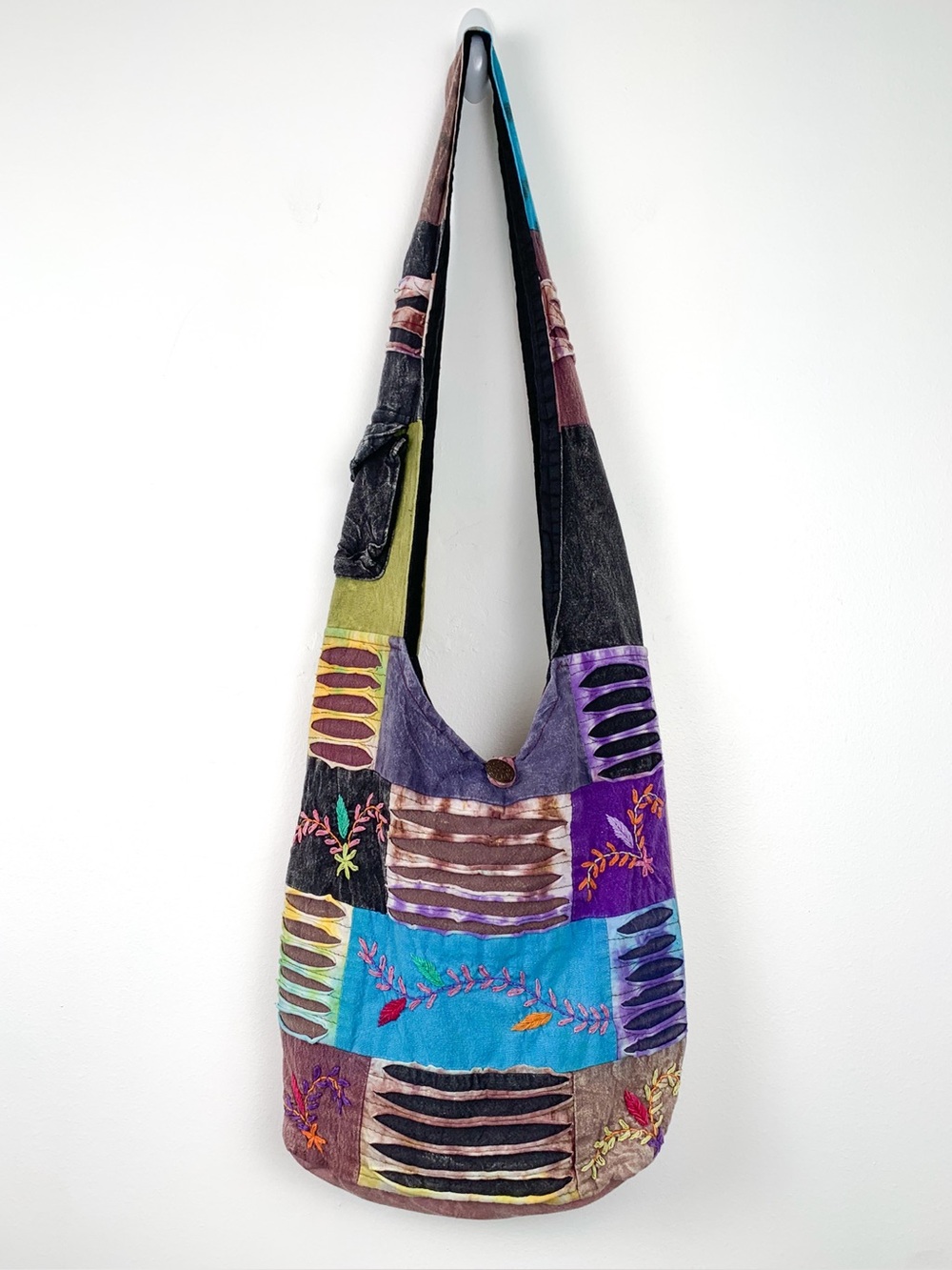 Boho patchwork crossbody bag slouchy hippie bag with embroidery flowers